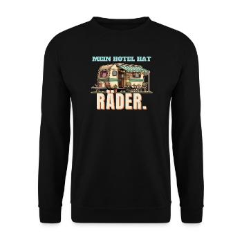 Wohnwagen - Hotel mit Rädern - Unisex Pullover - Schwarz - Vorne - Alina (178cm) & Michal (187cm)