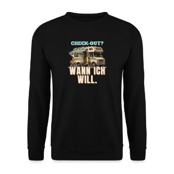 Wohnmobil - Check-out wann ich will - Unisex Pullover - Schwarz - Vorne - Alina (178cm) & Michal (187cm)