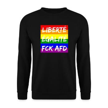 LIBERTÉ ÉGALITÉ FCK AFD REGENBOGEN FCK NZS, NO NZS - Unisex Pullover - Schwarz - Vorne - Alina (178cm) & Michal (187cm)