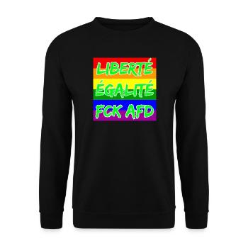 LIBERTÉ ÉGALITÉ FCK AFD REGENBOGEN FCK NZS, NO NZS - Unisex Pullover - Schwarz - Vorne - Alina (178cm) & Michal (187cm)