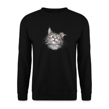 Lustige, zerzauste Katze mit skurrilen Augen und Zunge - Unisex Pullover - Schwarz - Vorne - Alina (178cm) & Michal (187cm)