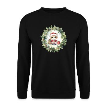 Kleiner Weihnachtskater im Kranz - Unisex Pullover - Schwarz - Vorne - Alina (178cm) & Michal (187cm)