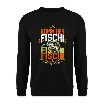 Komm her Fischi Fischi Angler - Unisex Pullover - Schwarz - Vorne - Alina (178cm) & Michal (187cm)