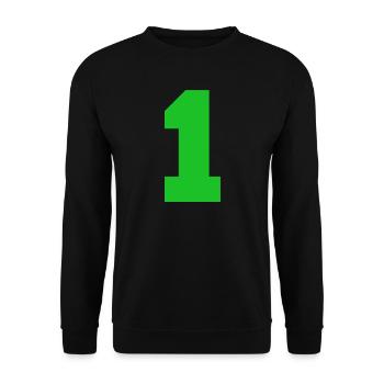 Leuchtendes Eins-Motiv auf Schwarz - Unisex Pullover - Schwarz - Vorne - Alina (178cm) & Michal (187cm)