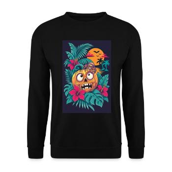 Skelett-Kürbis und tropischer Mond - Unisex Pullover - Schwarz - Vorne - Alina (178cm) & Michal (187cm)