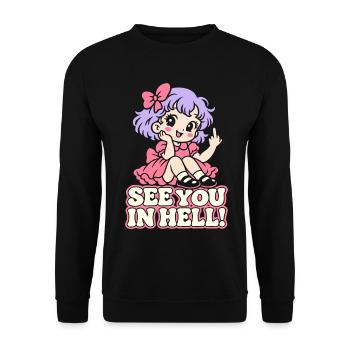 See You in Hell – Kawaii Mittelfinger - Unisex Pullover - Schwarz - Vorne - Alina (178cm) & Michal (187cm)