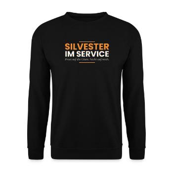 Silvester im Service – Lustiger Gastro Spruch - Unisex Pullover - Schwarz - Vorne - Alina (178cm) & Michal (187cm)