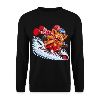 Pistensau - Wildschwein auf dem Snowboard - Unisex Pullover - Schwarz - Vorne - Alina (178cm) & Michal (187cm)