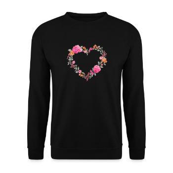 Farbenfroher Herz Blumen-Kranz Personalisierbar - Unisex Pullover - Schwarz - Vorne - Alina (178cm) & Michal (187cm)