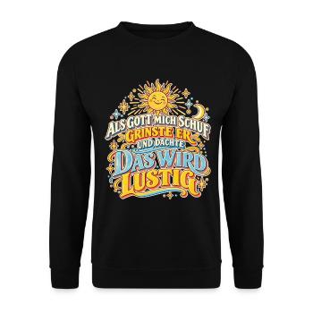 Als Gott mich schuf – Retro Spruch - Unisex Pullover - Schwarz - Vorne - Alina (178cm) & Michal (187cm)