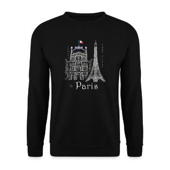 Paris, Eiffelturm und Louvre handgezeichnet - Unisex Pullover - Schwarz - Vorne - Alina (178cm) & Michal (187cm)