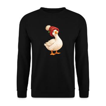 Weihnachtsgans mit Strickmütze – Cottagecore - Unisex Pullover - Schwarz - Vorne - Alina (178cm) & Michal (187cm)