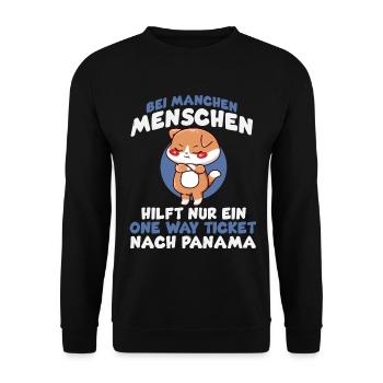 One Way Ticket nach Panama – Genervte Katze - Unisex Pullover - Schwarz - Vorne - Alina (178cm) & Michal (187cm)