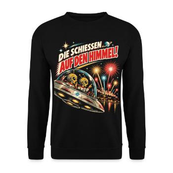 Die schießen auf den Himmel – Alien Feuerwerk - Unisex Pullover - Schwarz - Vorne - Alina (178cm) & Michal (187cm)
