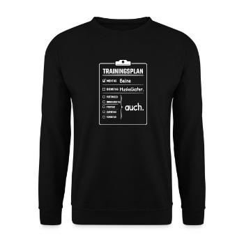 Trainingsplan Montag Beine - Fitness Lustig - Unisex Pullover - Schwarz - Vorne - Alina (178cm) & Michal (187cm)