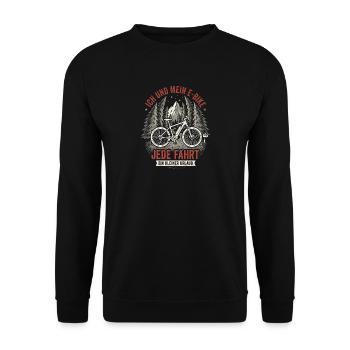 E-Bike Jede Fahrt Ein Kleiner Urlaub Spruch - Unisex Pullover - Schwarz - Vorne - Alina (178cm) & Michal (187cm)