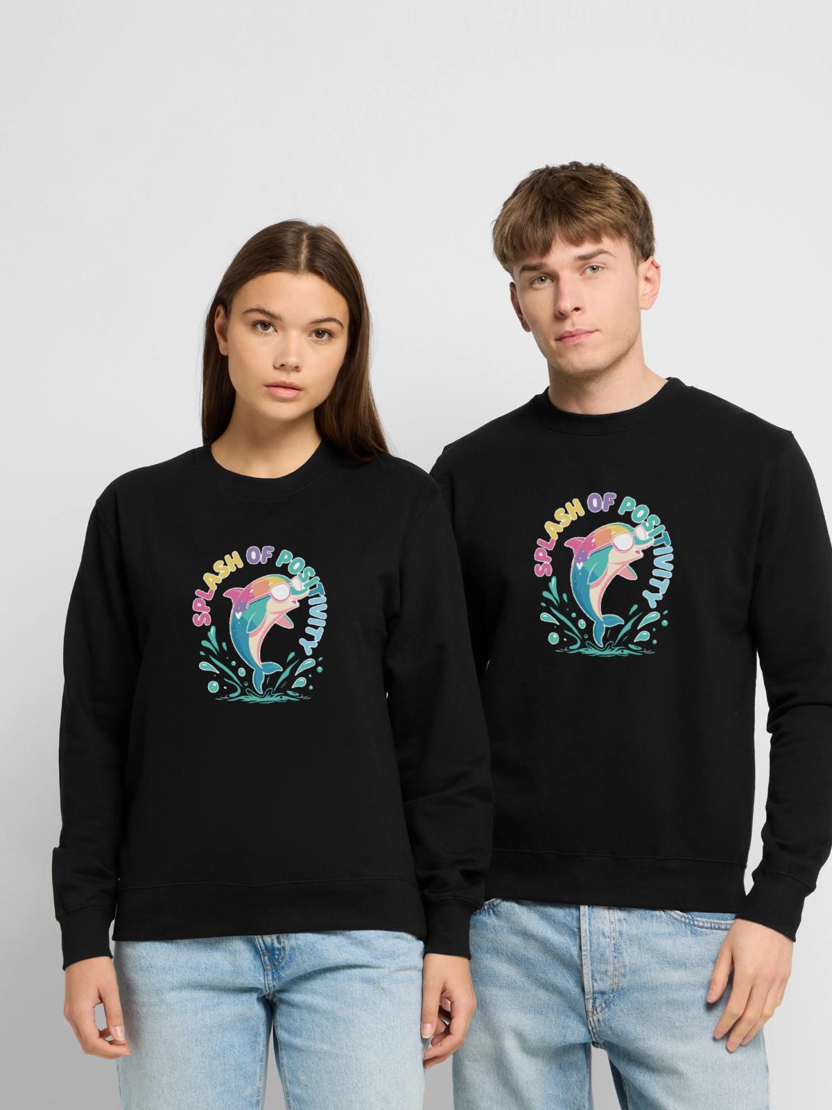 Sonnenfarbener Pastelldelfin - Unisex Pullover - Schwarz - Vorne - Alina (178cm) & Michal (187cm)