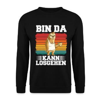 Bin da, kann losgehen – Faultier mit Kaffee - Unisex Pullover - Schwarz - Vorne - Alina (178cm) & Michal (187cm)
