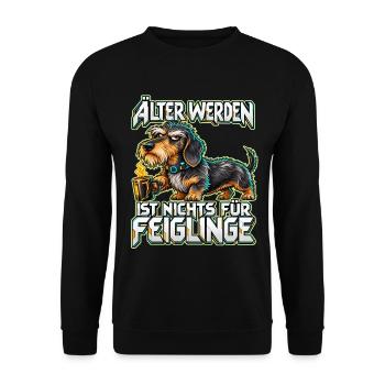 Älter werden: Dackel mit Kaffee - Unisex Pullover - Schwarz - Vorne - Alina (178cm) & Michal (187cm)