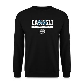 Camogli Italien Koordinaten Reise Souvenir - Unisex Pullover - Schwarz - Vorne - Alina (178cm) & Michal (187cm)