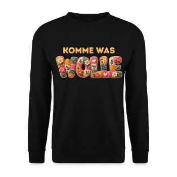Komme was WOLLE Patchbuchstaben Wolle und Blumen - Unisex Pullover - Schwarz - Vorne - Alina (178cm) & Michal (187cm)