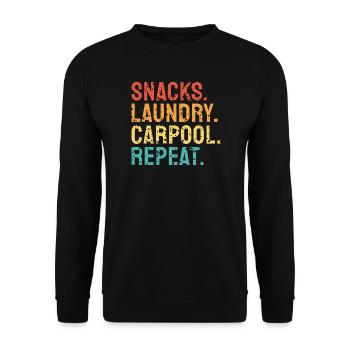 Snacks, Wäsche, Fahrgemeinschaft, Wiederholung - Unisex Pullover - Schwarz - Vorne - Alina (178cm) & Michal (187cm)