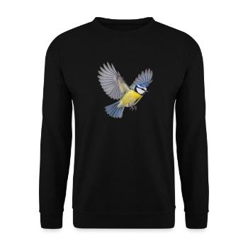 Blaumeise im Flug – blaugelbes Gartenvogelmotiv - Unisex Pullover - Schwarz - Vorne - Alina (178cm) & Michal (187cm)