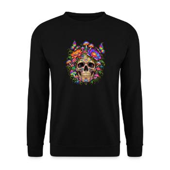 Blumige psychedelische Totenschädelpilze und Schmetterlinge - Unisex Pullover - Schwarz - Vorne - Alina (178cm) & Michal (187cm)