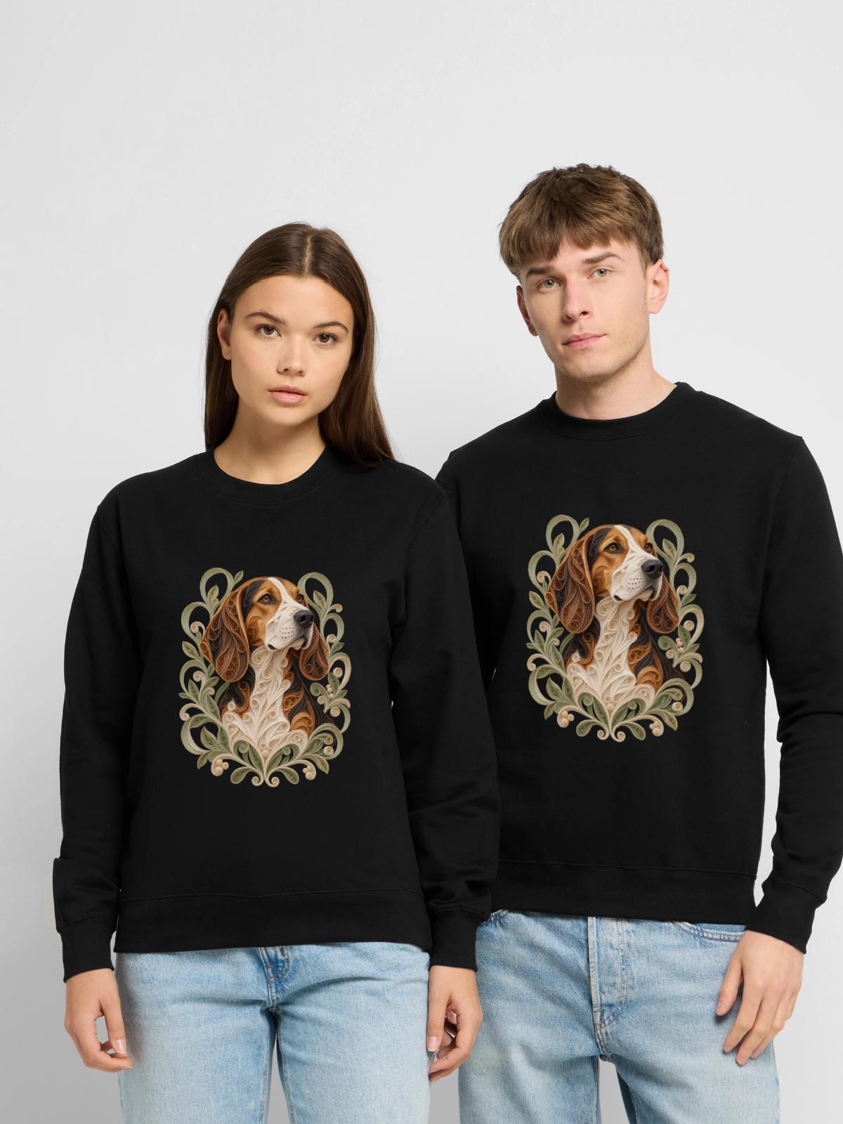 Beagle-Quilling – Hundeporträt - Unisex Pullover - Schwarz - Vorne - Alina (178cm) & Michal (187cm)