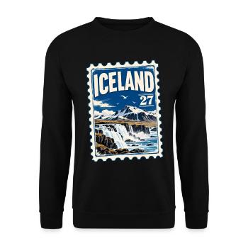 Island Vintage Briefmarke – Wasserfall & Berge - Unisex Pullover - Schwarz - Vorne - Alina (178cm) & Michal (187cm)