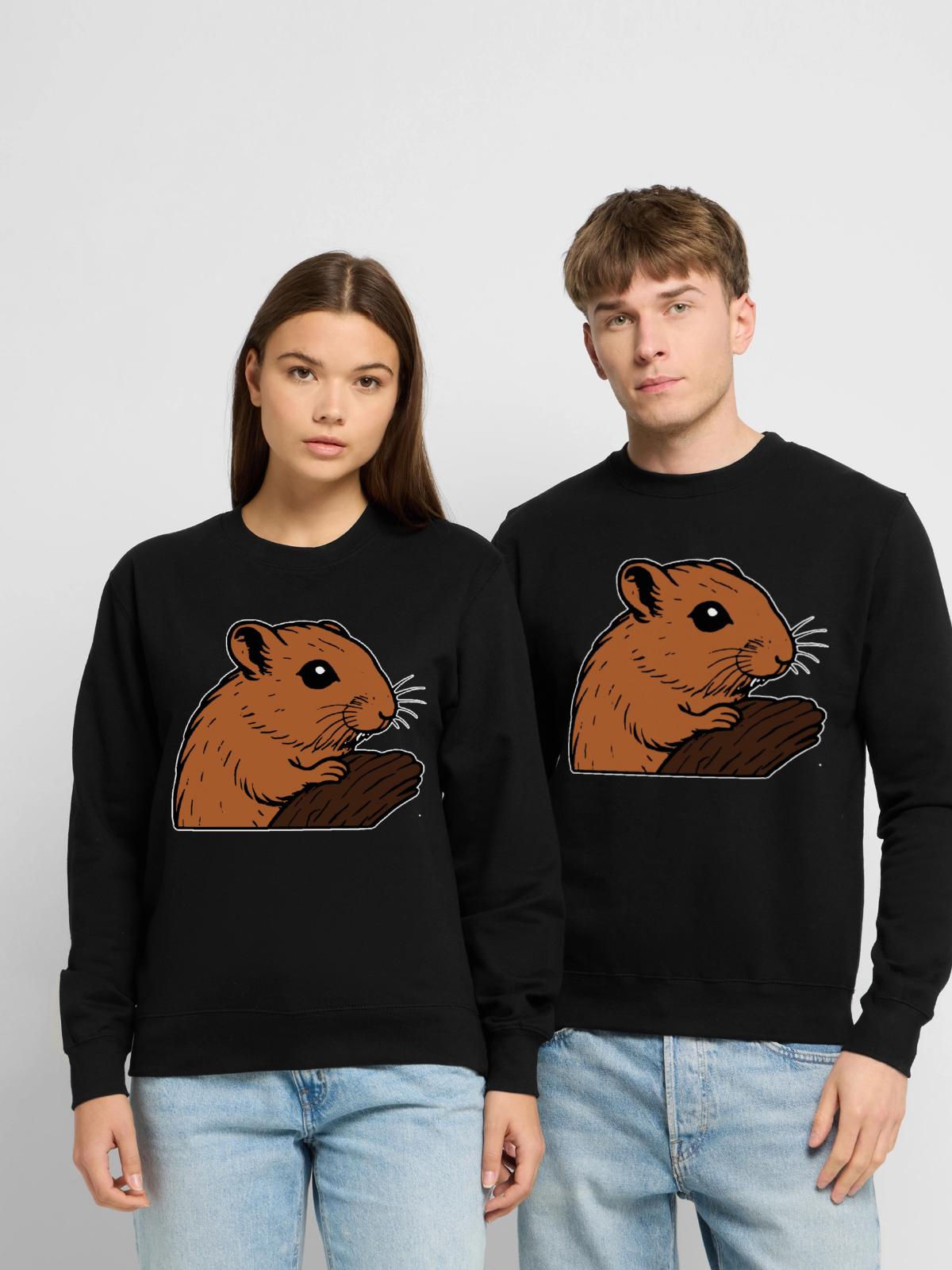 Rennmaus mit Futter Nagetier - Unisex Pullover - Schwarz - Vorne - Alina (178cm) & Michal (187cm)