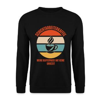 Schichtarbeiterkaffee Retro Spruch - Unisex Pullover - Schwarz - Vorne - Alina (178cm) & Michal (187cm)
