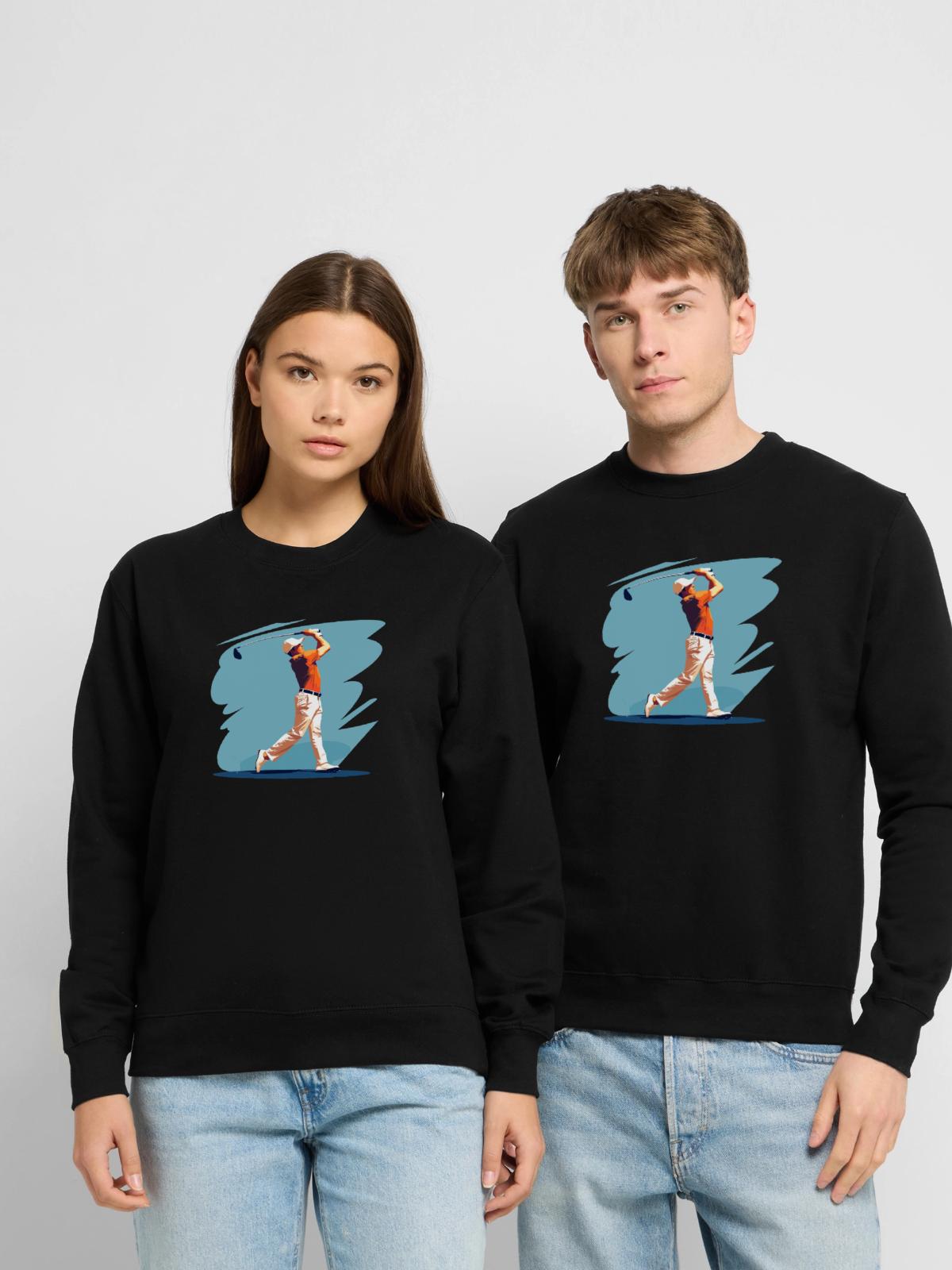 Golfspieler Grafik - Unisex Pullover - Schwarz - Vorne - Alina (178cm) & Michal (187cm)