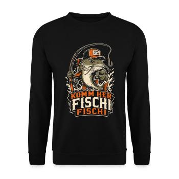 Komm her Fischi Fischi Angler - Unisex Pullover - Schwarz - Vorne - Alina (178cm) & Michal (187cm)