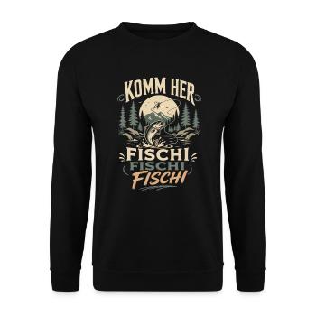 Komm her Fischi Fischi Angler - Unisex Pullover - Schwarz - Vorne - Alina (178cm) & Michal (187cm)