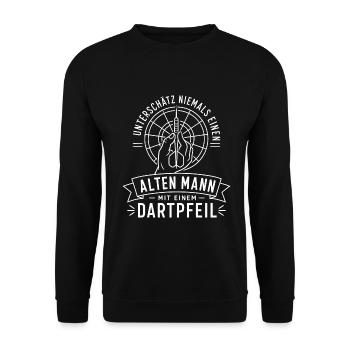 Alter Mann mit Dartpfeil - Unisex Pullover - Schwarz - Vorne - Alina (178cm) & Michal (187cm)