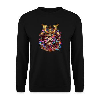 Japanische Samurai-Maske – Blumen und Flammen - Unisex Pullover - Schwarz - Vorne - Alina (178cm) & Michal (187cm)