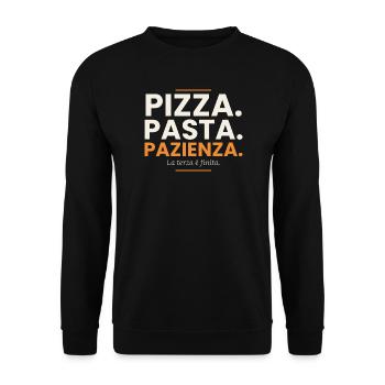 Pizza. Pasta. Geduld. – Pizzeria T-Shirt - Unisex Pullover - Schwarz - Vorne - Alina (178cm) & Michal (187cm)