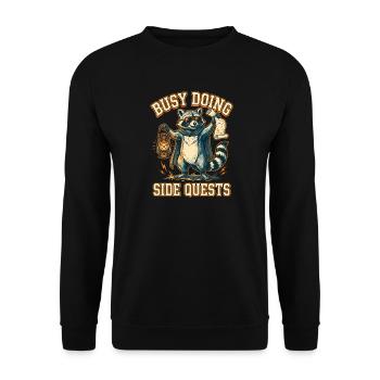 Beschäftigt mit Nebenquests, Waschbär - Unisex Pullover - Schwarz - Vorne - Alina (178cm) & Michal (187cm)