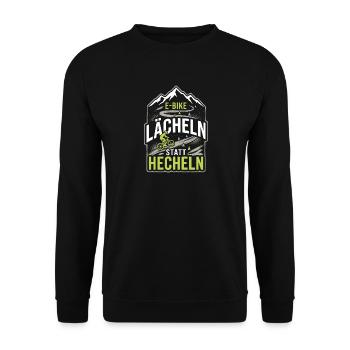 E-Bike Lächeln Statt Hecheln Spruch Radtour Berge - Unisex Pullover - Schwarz - Vorne - Alina (178cm) & Michal (187cm)