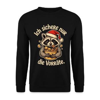 Weihnachtswaschbär mit Nikolausmütze und Keksen - Unisex Pullover - Schwarz - Vorne - Alina (178cm) & Michal (187cm)
