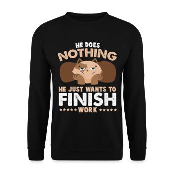 He Just Wants To Finish Work – Grummel Katze - Unisex Pullover - Schwarz - Vorne - Alina (178cm) & Michal (187cm)