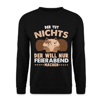 Der will nur Feierabend machen – Katze - Unisex Pullover - Schwarz - Vorne - Alina (178cm) & Michal (187cm)