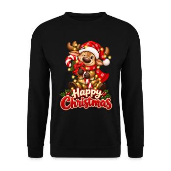 Happy Christmas Elch mit Lichterkette - Unisex Pullover - Schwarz - Vorne - Alina (178cm) & Michal (187cm)
