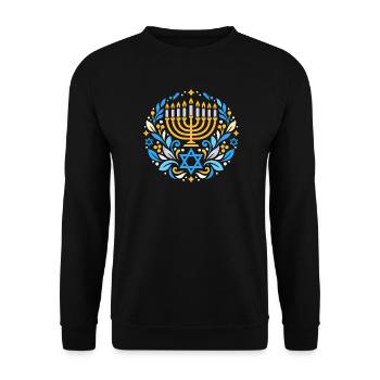 Chanukka-Motiv mit Chanukkia und Davidstern - Unisex Pullover - Schwarz - Vorne - Alina (178cm) & Michal (187cm)