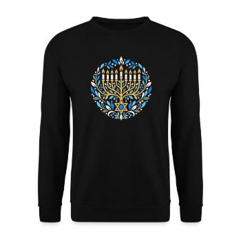 Chanukka-Motiv mit Chanukkia und Davidstern - Unisex Pullover - Schwarz - Vorne - Alina (178cm) & Michal (187cm)