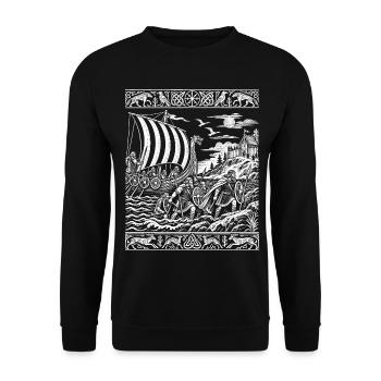 Wikinger – Mittelalterlicher Bildteppich - Unisex Pullover - Schwarz - Vorne - Alina (178cm) & Michal (187cm)
