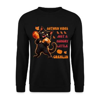 Herbststimmung: Hungriger schwarzer Katzen-Gremlin - Unisex Pullover - Schwarz - Vorne - Alina (178cm) & Michal (187cm)