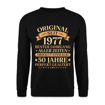 Geburtstag 1977 Jahrgang Einmalig 50 Jahre - Unisex Pullover - Schwarz - Vorne - Alina (178cm) & Michal (187cm)