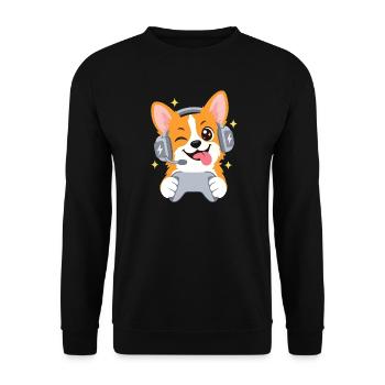 Gaming Corgi mit Headset und Controller - Unisex Pullover - Schwarz - Vorne - Alina (178cm) & Michal (187cm)